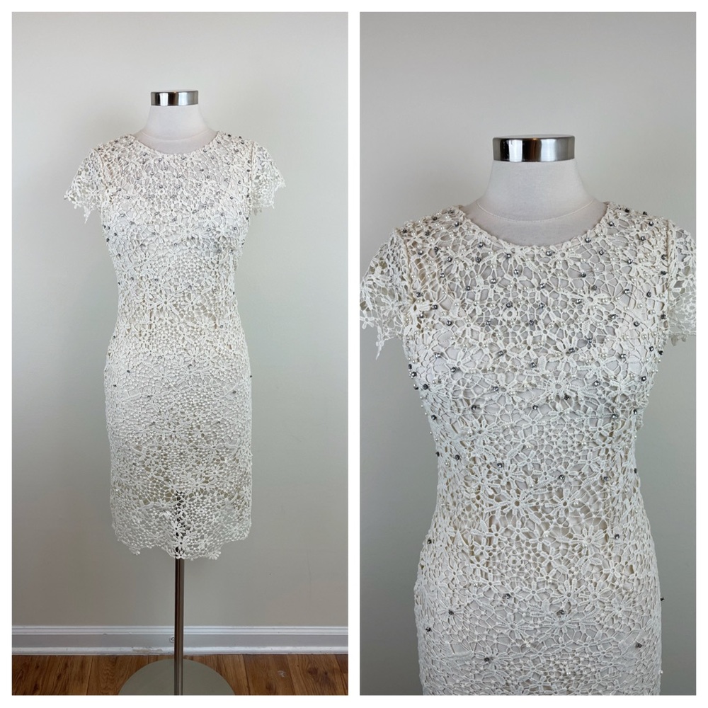 Snidel Pearl Rhinestone Cream Floral Lace Dress Women Medium